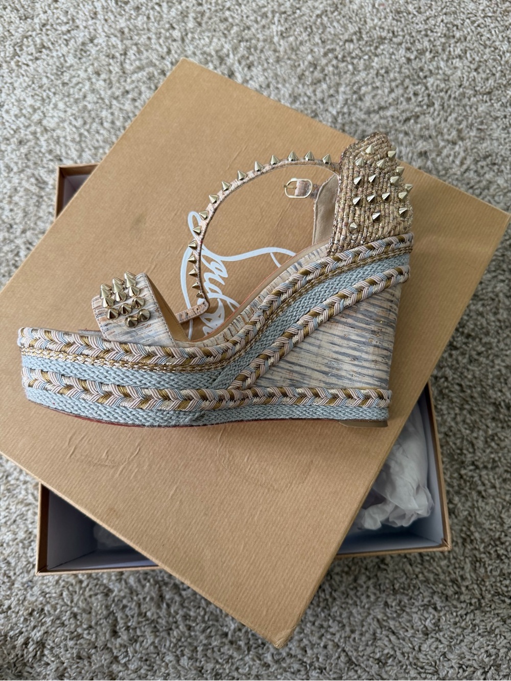 Christian Louboutin Madmonica Wedge Sandals with Gold Studs Size 39 / US 8.5